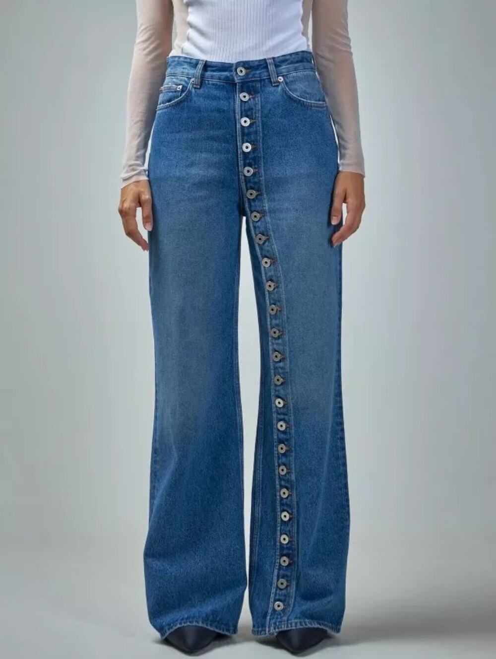 High-Waisted Asymmetric Button-Fly Wide-Leg Jeans